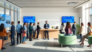 Powerful career services office with diverse professionals receiving guidance in a welcoming environment.