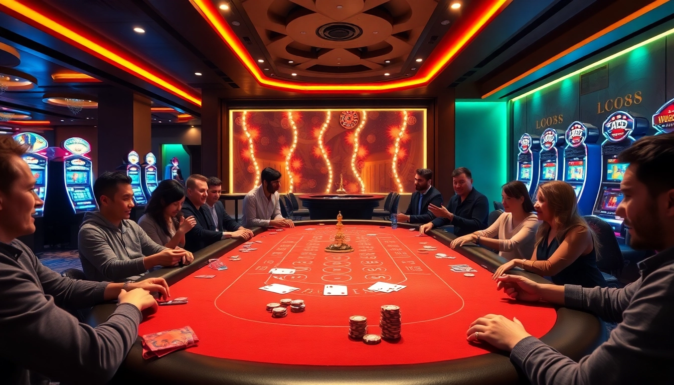 LC88 gaming table attracting enthusiastic players with luxurious chips, cards, and ambient casino lighting.