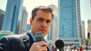 Report breaking news for https://emiratenewsday.com with a journalist in a vibrant UAE city.