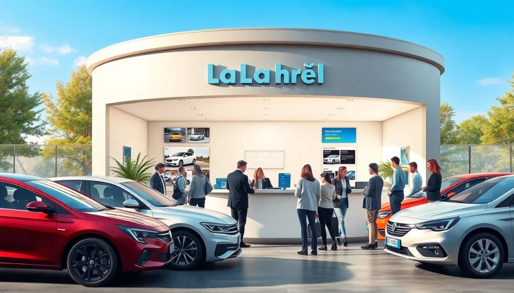 Chirie auto Moldova: Welcoming car rental office in Chișinău with diverse travelers and modern vehicles.