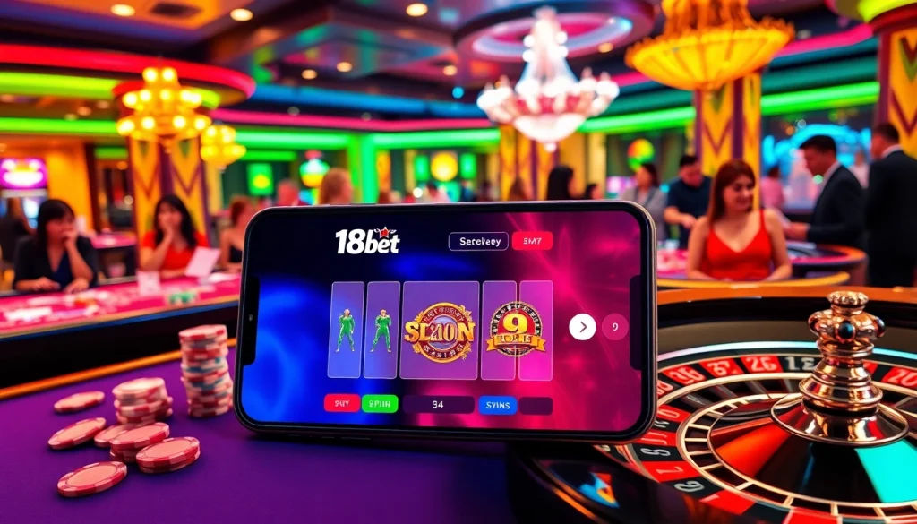 Engaging scene of 188bet online casino with vibrant game elements like tables, slots, and roulette.