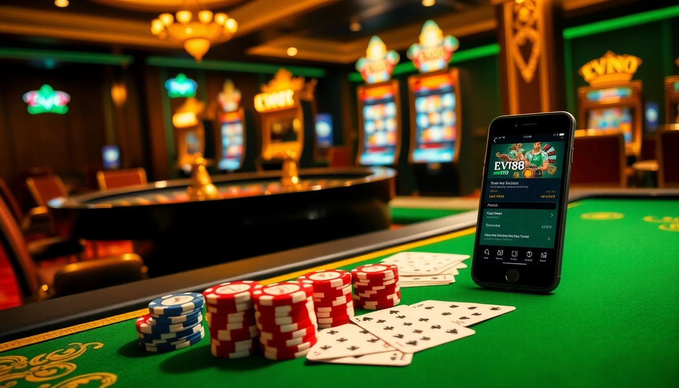 Experience the excitement of EV88 with vibrant poker chips and a roulette wheel in a luxurious casino setting.