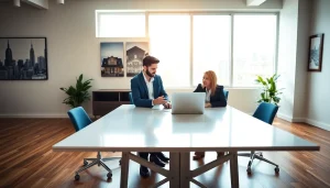 Engaging real estate agent discussing property details with clients in a modern office