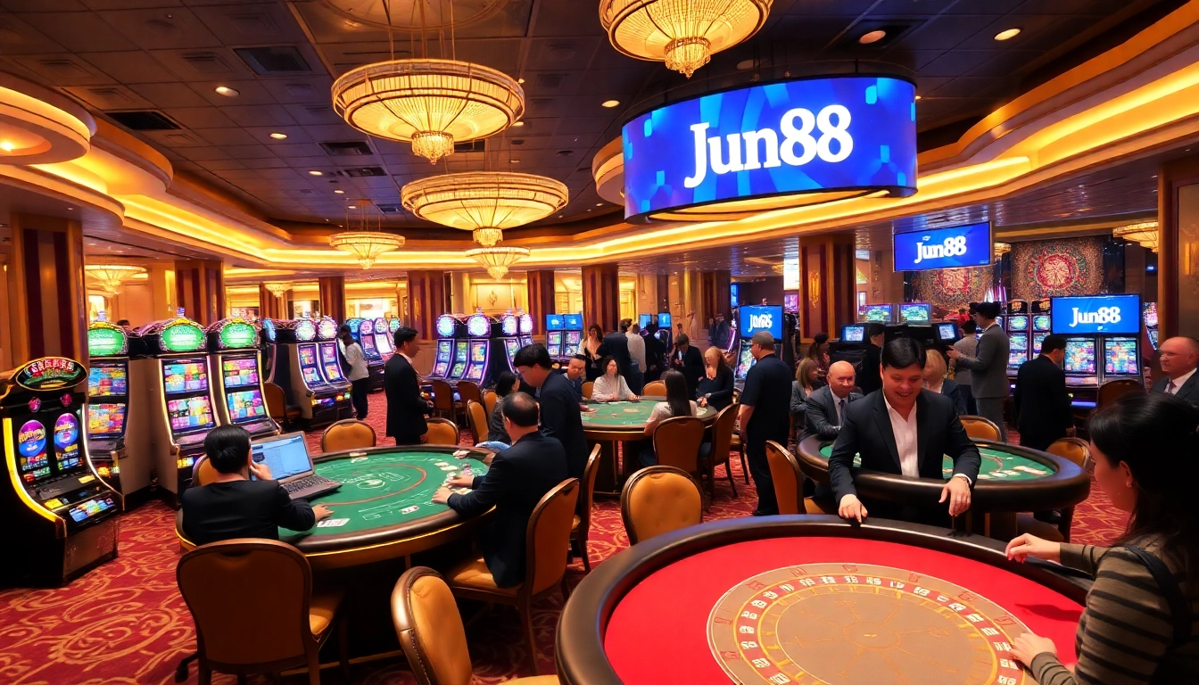 Experience the thrill of Jun88 casino with vibrant gambling activities and luxury gaming ambiance.
