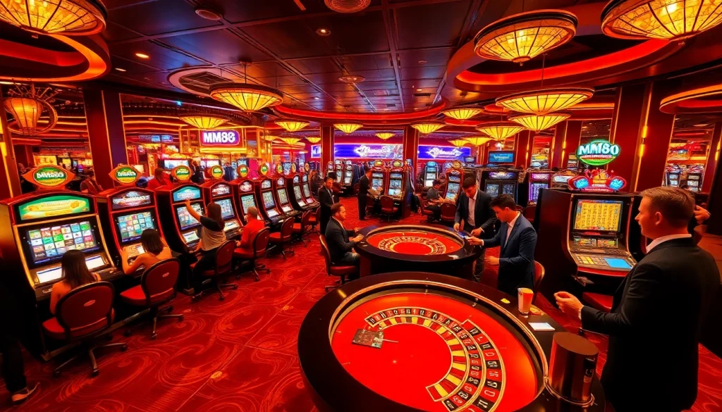 Dynamic scene of MM88 casino excitement with players at roulette tables and slot machines.