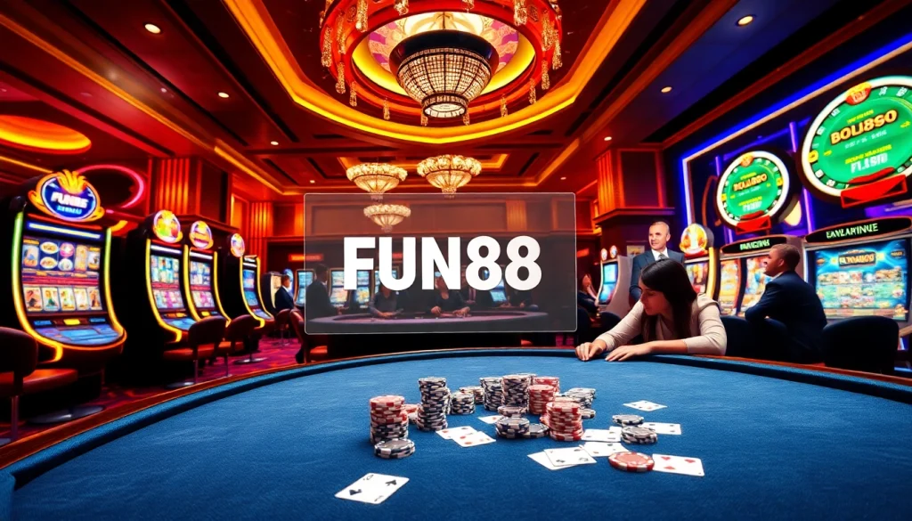 Experience the excitement of FUN88 เข้าระบบ with dynamic casino visuals, featuring poker tables and slot machines.