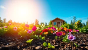 Engaging gardening scene showcasing colorful flowers and vegetables in a well-tended garden.