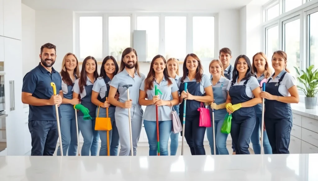 Showcase a professional cleaning service team shining in an organized home environment with modern aesthetics.