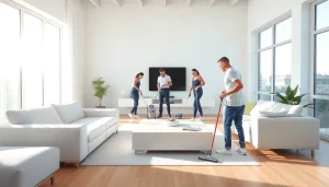 Cleaning service professionals maintaining a spotless living room, showcasing cleanliness and care.