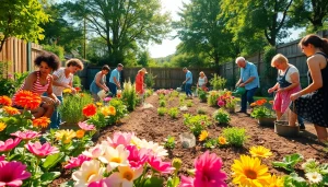 Engaging individuals practicing Gardening in a vibrant community garden filled with flowers and vegetables.