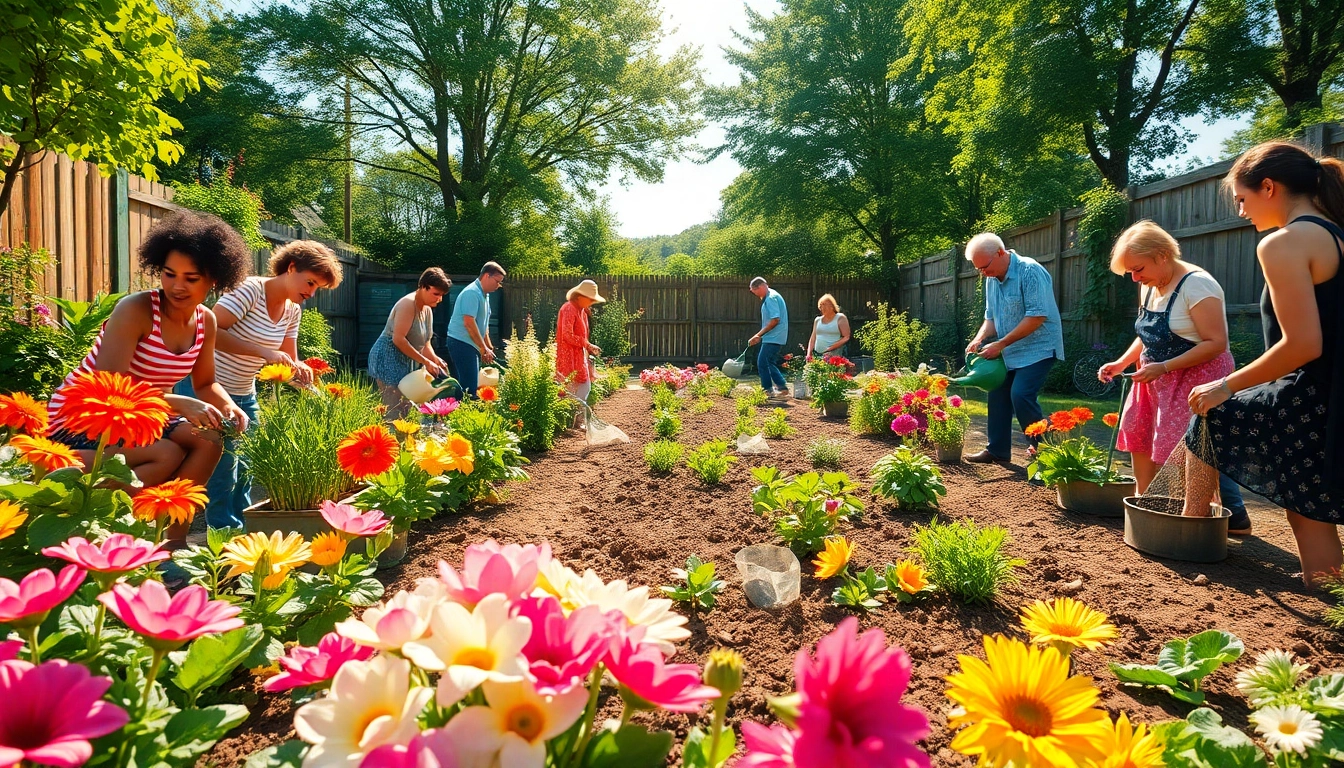 Engaging individuals practicing Gardening in a vibrant community garden filled with flowers and vegetables.