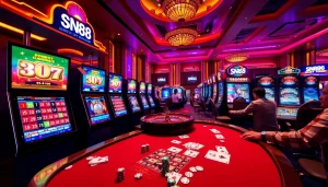 Experience SN888's exciting online gaming atmosphere with vibrant casino elements and players engaged.