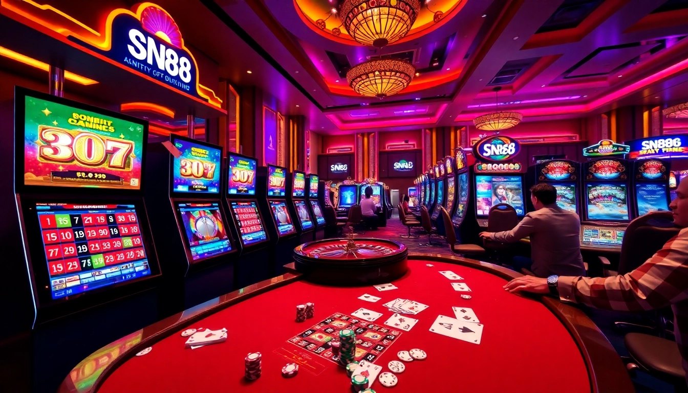 Experience SN888's exciting online gaming atmosphere with vibrant casino elements and players engaged.