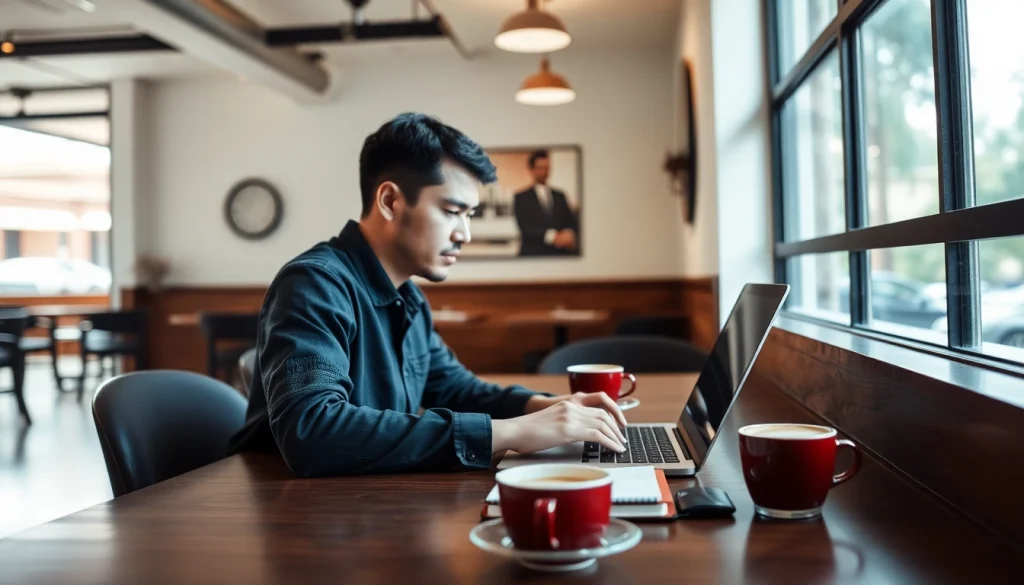 Trabajando en freelance jobs online, mujer concentrada en su laptop en un café.