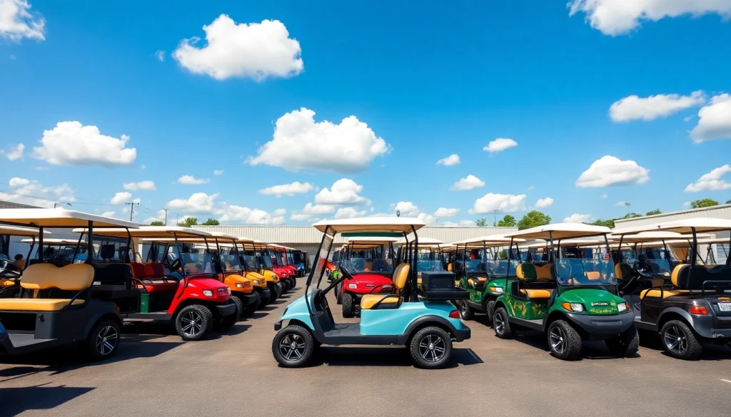 Explore a selection of used golf carts in a sunny dealership setting, showcasing variety and quality.