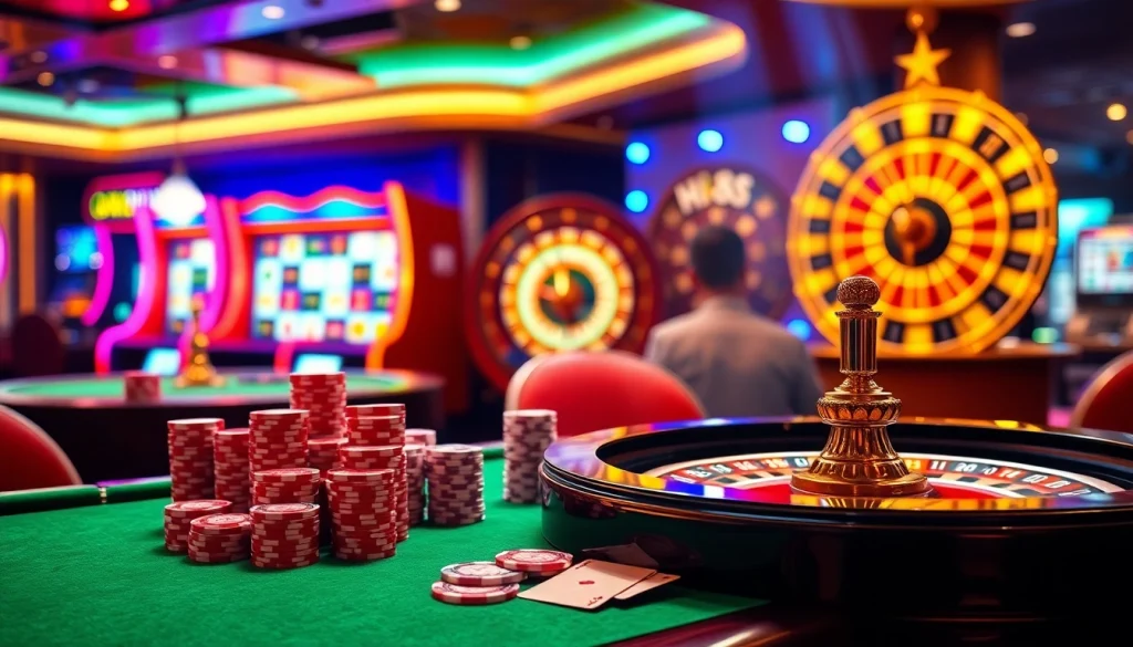 Hi88 casino scene showcasing poker chips, cards, and an exciting roulette wheel in a luxurious setup.