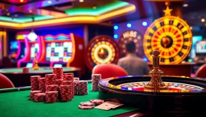 Hi88 casino scene showcasing poker chips, cards, and an exciting roulette wheel in a luxurious setup.