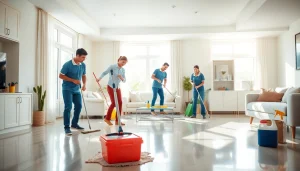 Cleaning service team thoroughly sanitizing a bright living room, showcasing professionalism.