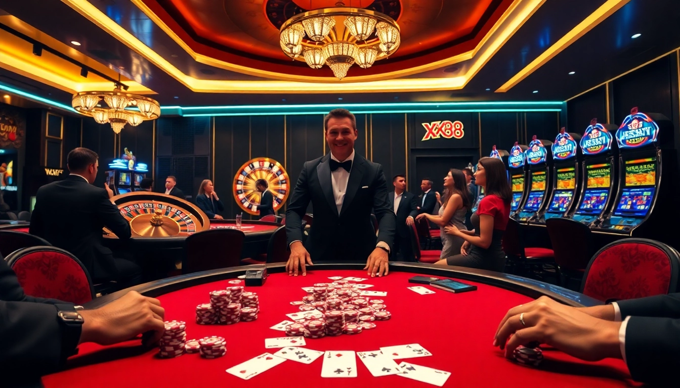 Players enjoying high-stakes poker at XX88's luxurious casino table.