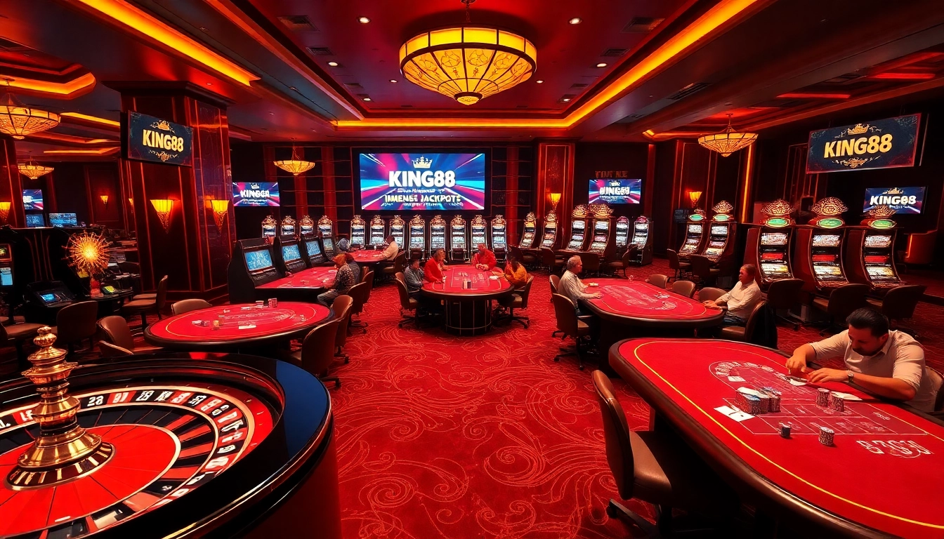Players placing bets at King88 casino with vibrant tables and luxurious interior.