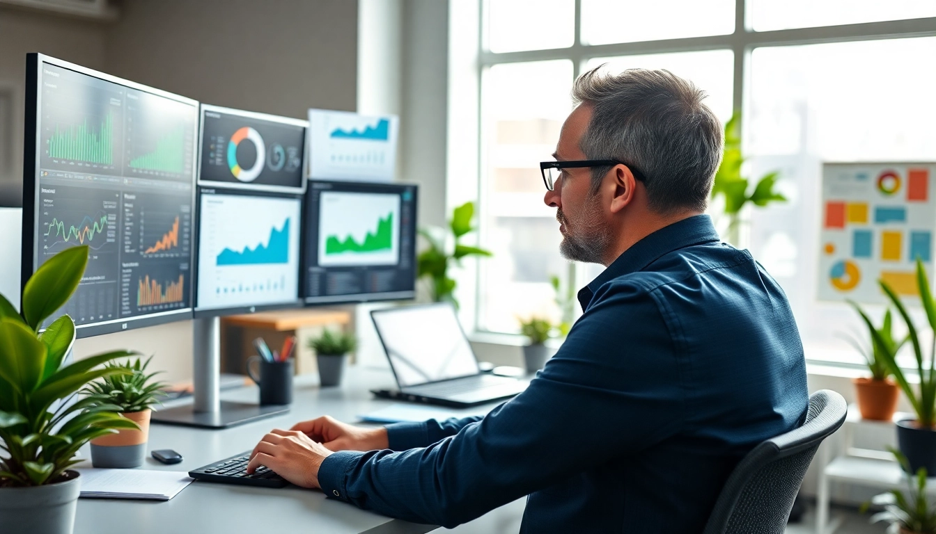 SEO expert analyzing digital metrics in a modern workspace, showcasing analytics and growth.