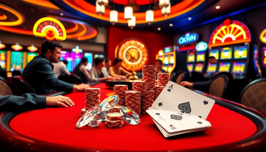 Engaging gamblers at a luxury casino featuring ldwin okwin elements with vibrant poker chips and cards.