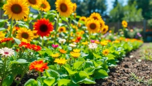 Gardening tips illustrated with a colorful array of flowers and vegetables in a sunny garden.