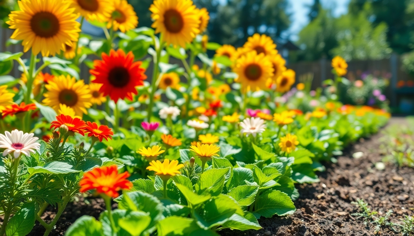Gardening tips illustrated with a colorful array of flowers and vegetables in a sunny garden.