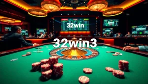Experience the thrill of gaming with 32win3 at a luxurious casino table filled with cards and chips.