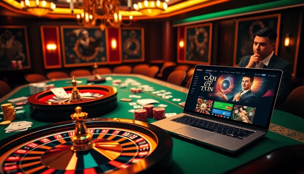 Casino scene highlighting luxury with poker elements, embodying Nhà Cái Uy Tín excitement.