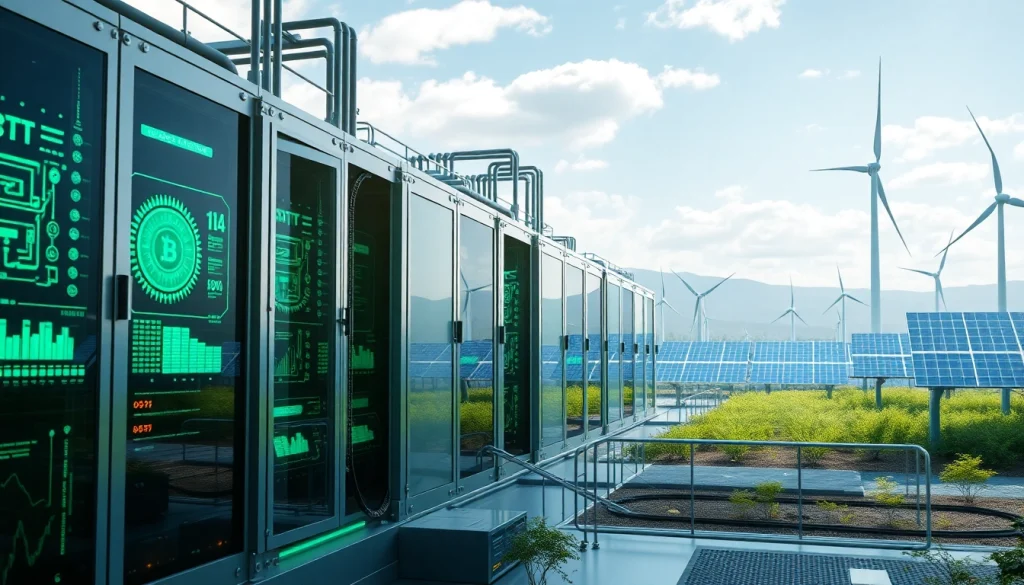 Efficient crypto mining facility leveraging renewable energy sources with AI optimization technology.