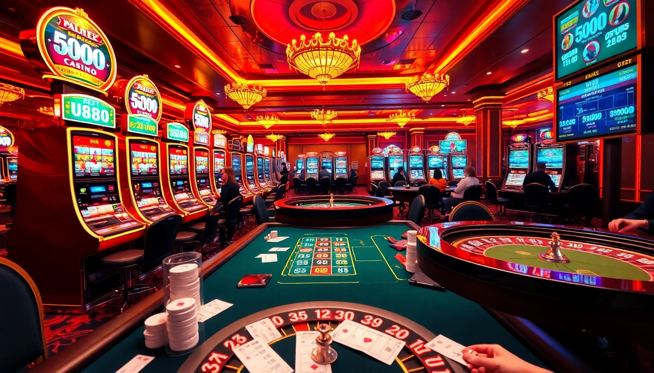 U888 players enjoying luxurious casino games at high-stakes tables with vibrant slot machines.