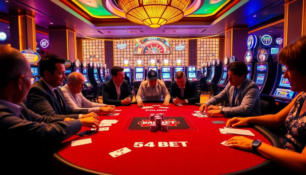 Experience high-stakes gaming action at the 54BET casino, featuring vibrant poker tables and slot machines.