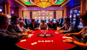 Experience high-stakes gaming action at the 54BET casino, featuring vibrant poker tables and slot machines.
