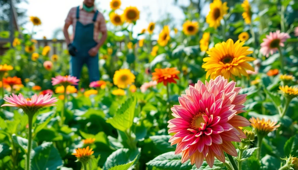 Gardening scene with vibrant flowers and plants being tended to by a gardener.