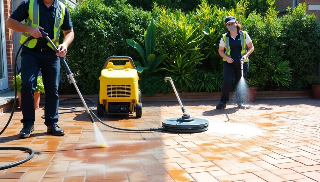 Profesionalna čistilna ekipa opravlja čiščenje tlakovcev na opečnih tlakovcih, ki prikazujejo učinkovitost.