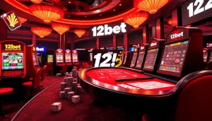 Experience the excitement of betting on 12bet with dynamic casino visuals featuring slot machines and poker chips.