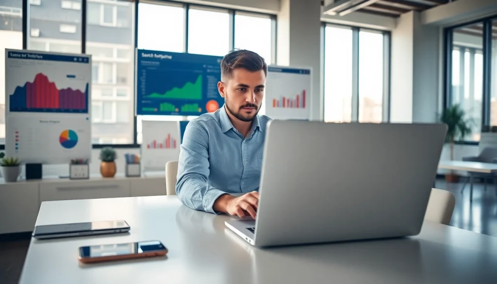 Analyze SEO metrics with a consultant in a vibrant office, illustrating digital marketing strategy.