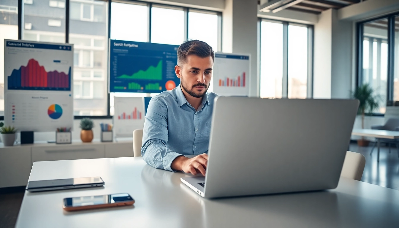 Analyze SEO metrics with a consultant in a vibrant office, illustrating digital marketing strategy.