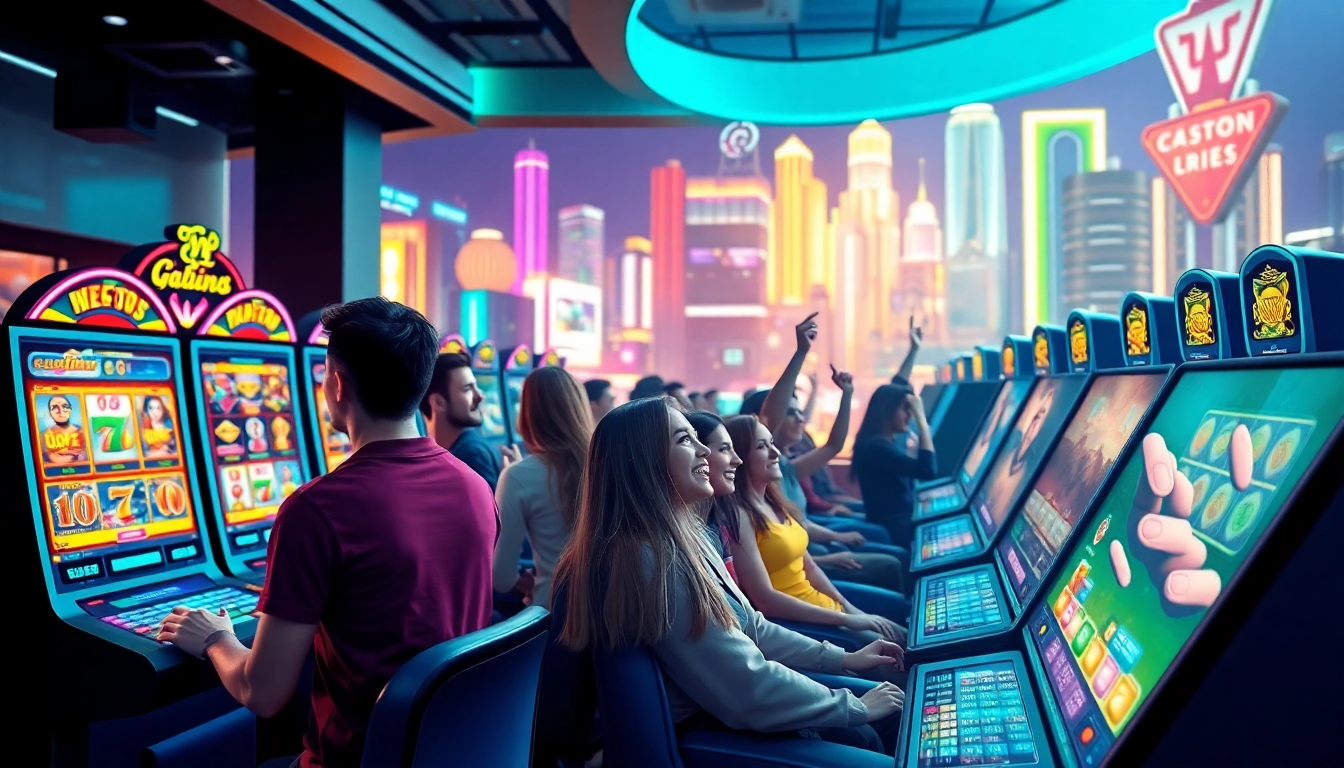 Players enjoying thrilling games on https://rusia777.com in a vibrant urban gaming lounge.