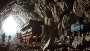 Miners engaged in mining operations, showcasing equipment and extracted minerals.