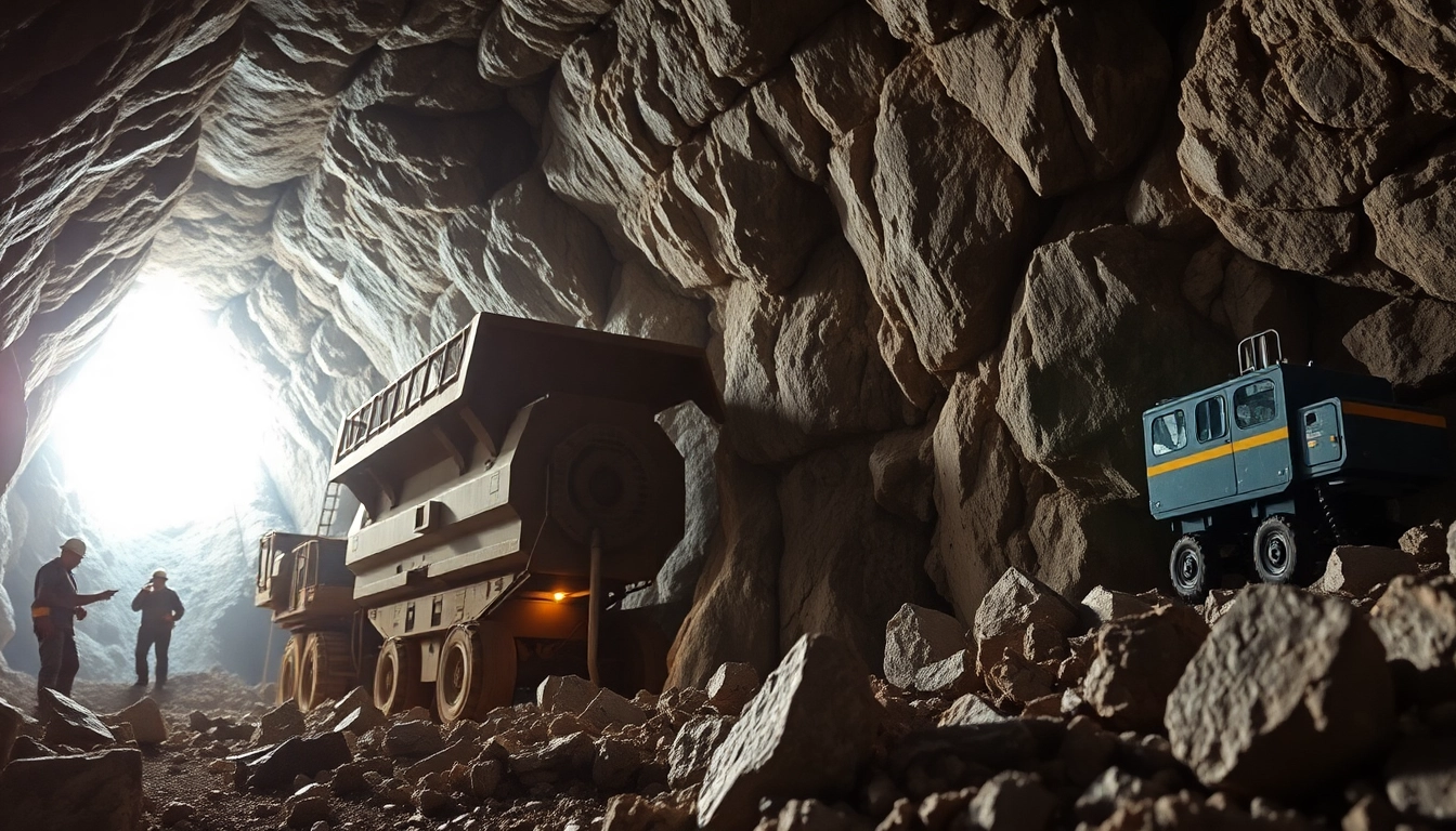 Miners engaged in mining operations, showcasing equipment and extracted minerals.