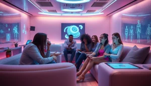 Engaging AI sex companions in a modern lounge, showcasing human interaction and advanced technology.