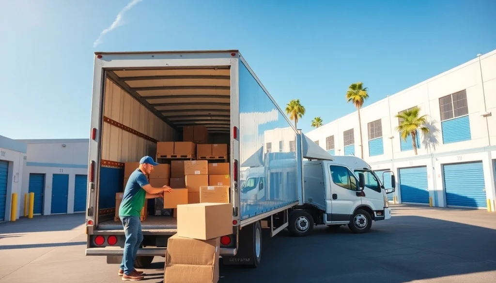 Moving and Storage San Diego with professional movers loading trucks in a bright facility.