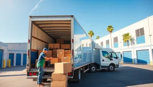 Moving and Storage San Diego with professional movers loading trucks in a bright facility.
