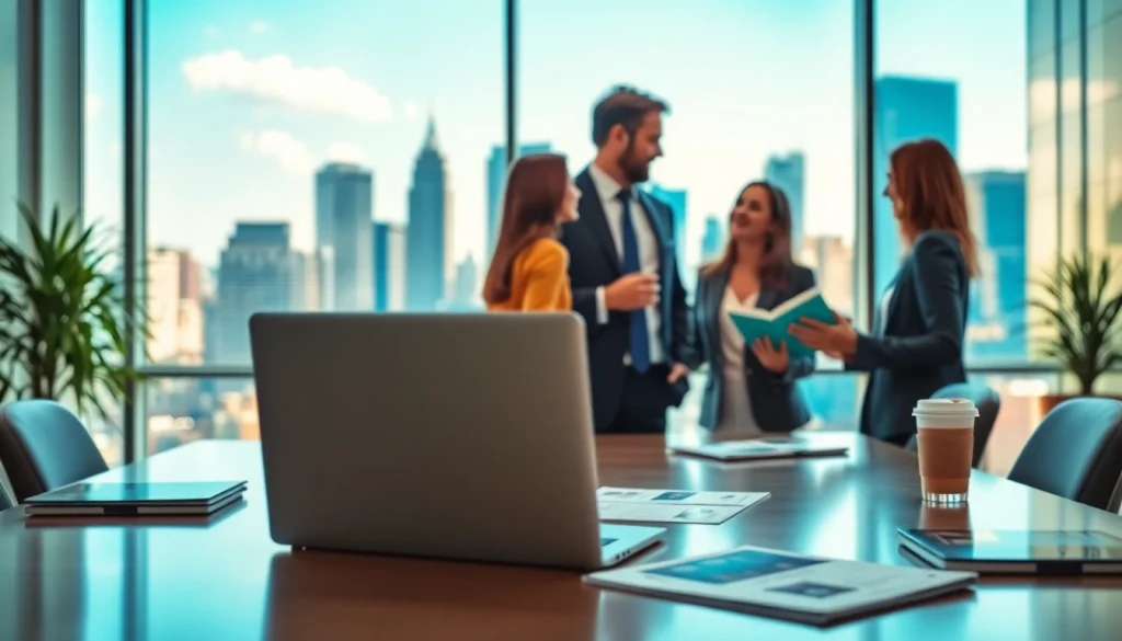 Real Estate agent discussing listings with clients in a contemporary office setting.