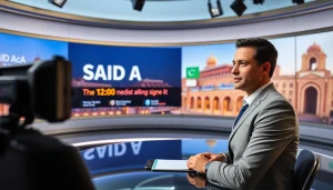 Highlight the latest updates on https://saudiwadi.com with dynamic visuals from a vibrant newsroom.