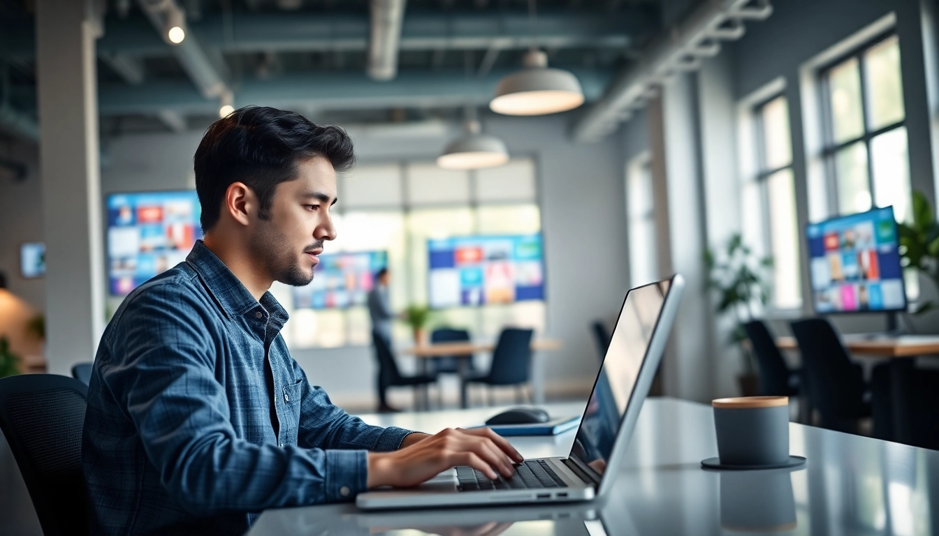 Marketer designing strategies for edmonton social media marketing in a modern office setting.
