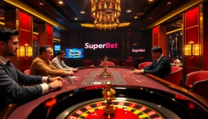 Players bet at a Superbet table filled with poker chips and vibrant cards in a luxurious casino setting.