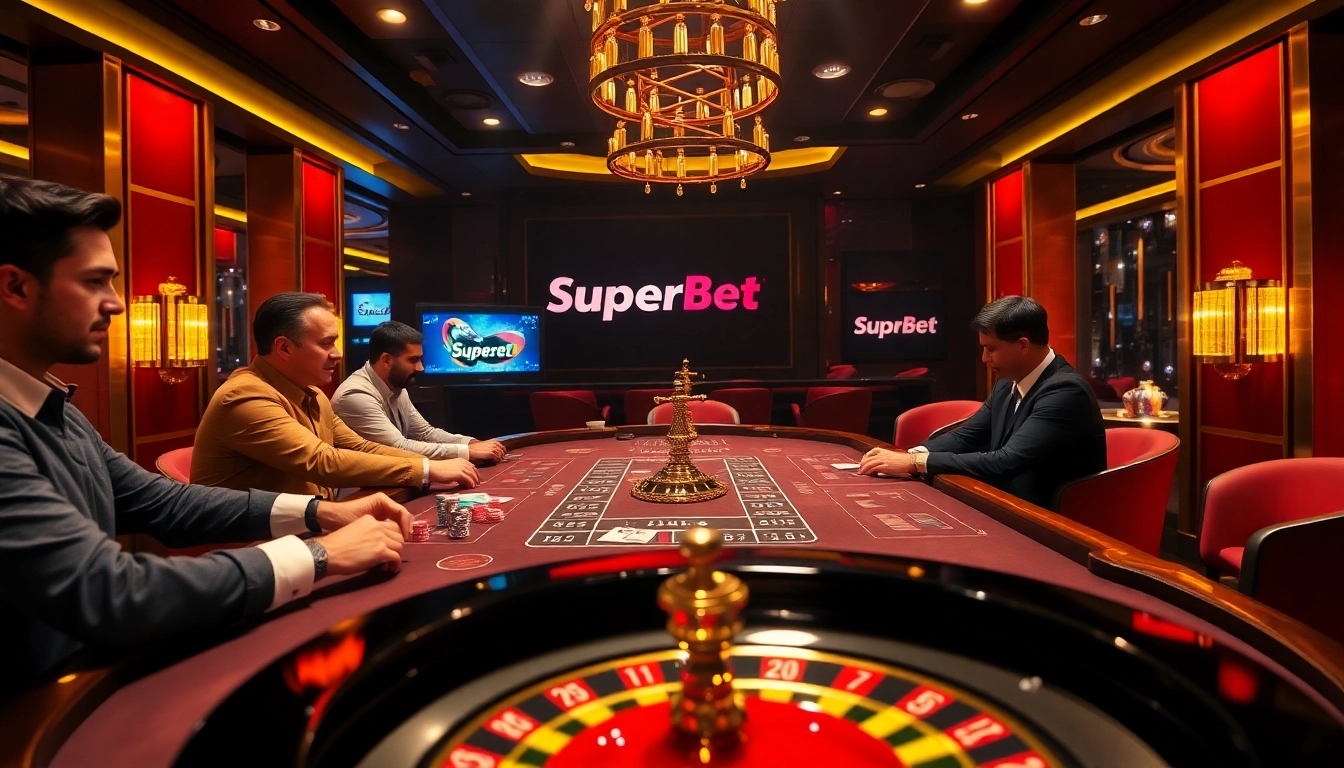 Players bet at a Superbet table filled with poker chips and vibrant cards in a luxurious casino setting.